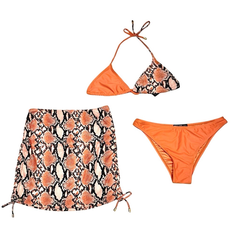 Nasty Gal bikini set orange snake splice triangle 3 piece set size 6